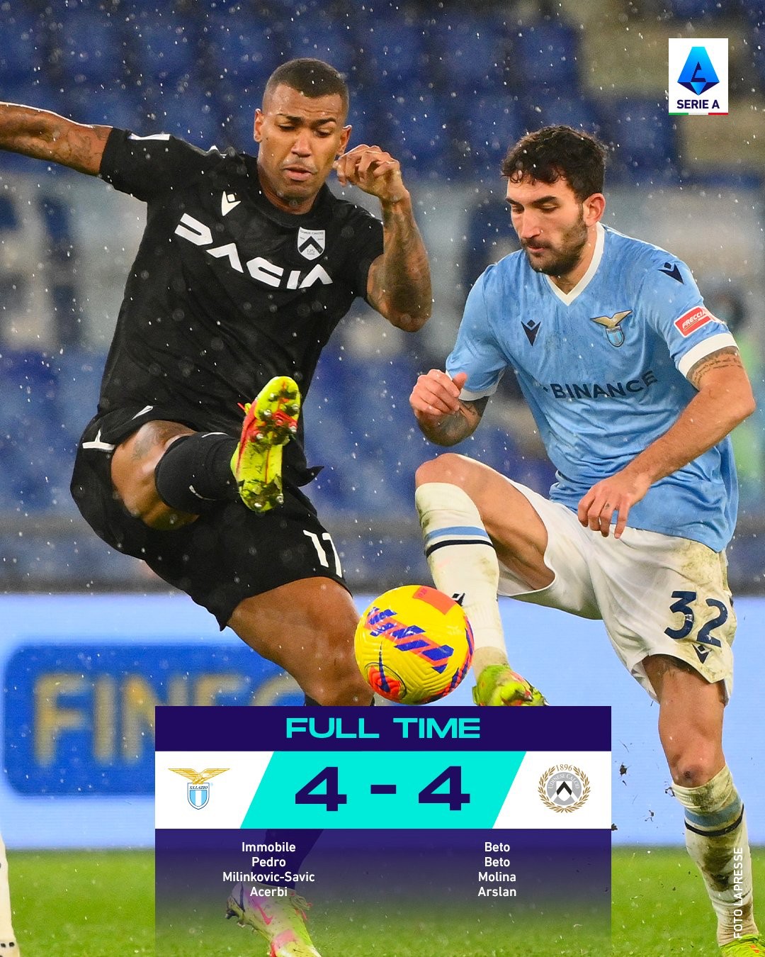 乌迪内斯客场平局，积分不变